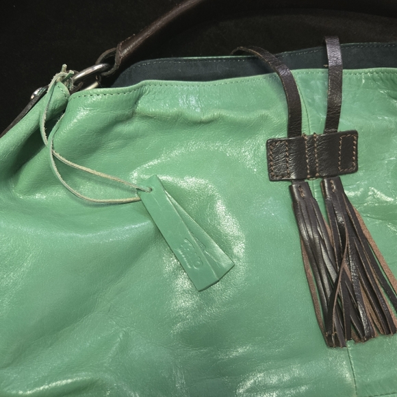 Tano Mint Green Leather Hobo Bag Tassel Whipstitch Handle Boho Slouchy - Picture 2 of 16